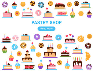 Fototapeta na wymiar Pastry shop website template with copy space and button. Colorful baked tasty treat landing page design. Dessert flat elements doughnut cake cupcake for cafe menu internet web page vector illustration
