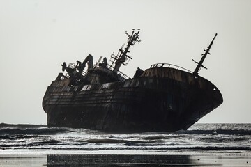 Beautiful shot of a historic dirty old ship after a shipwreck on a seashore