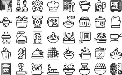 Preparation food icons set outline vector. Cook prepare. Table bake