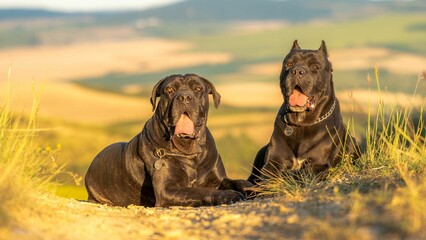 Large black Cane Corso dogs laying on top of a grass-covered hill