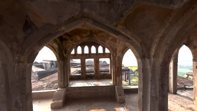 Aerial of the interior of an ancient fort in Gingee Fort in India on a sunny day