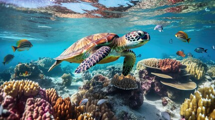 Fototapeta na wymiar sea turtle with a group of colorful fish and colorful corals underwater in the ocean, underwater world in the ocean. Generative AI
