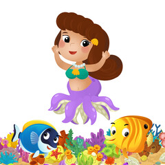 cartoon scene with coral reef and happy fishes swimming near mermaid isolated illustration for children