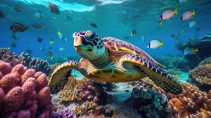 Naklejka na ściany i meble sea turtle with a group of colorful fish and colorful corals underwater in the ocean, underwater world in the ocean. Generative AI