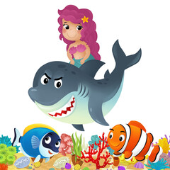 cartoon scene with coral reef and happy fishes swimming near mermaid isolated illustration for children