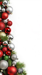 Fototapeta na wymiar Merry Christmas 9:16 optimized banner.Red and green ornaments were carefully placed on the branches of the fir tree, adding a Christmas feel to the scene. Generative AI