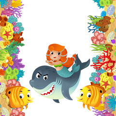 Obraz na płótnie Canvas cartoon scene with coral reef and happy fishes swimming near mermaid isolated illustration for children