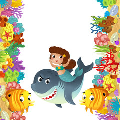 cartoon scene with coral reef and happy fishes swimming near mermaid isolated illustration for children