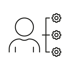 Management, Business Operation Line Icon. Person and Gear, Employee Responsibility Linear Pictogram. Marketing Strategy Outline Sign. Editable Stroke. Isolated Vector Illustration
