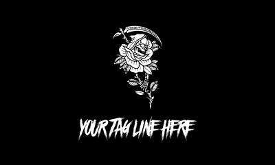 Vector of a logo sketch in a shape of a skull on a rose with floral ornaments and space for text