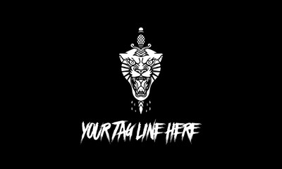 Vector design of artwork logo lion's face with sword in black and white with tagline space