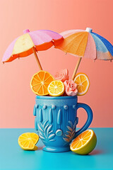 blue, pink, and yellow tiki mug with an orange umbrella