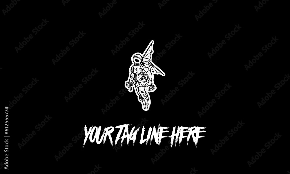 Wall mural vector illustration of an astronaut with wings and a text for a tagline on a black background