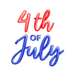 4th of July. USA Independence Day. 4th of July typography illustration. Red and Blue shiny 3d inscription, isolated on white background. Vintage lettering Design. 3D Vector icon