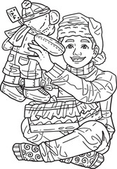 Fototapeta na wymiar Boy with Christmas Gift Isolated Adults Coloring 
