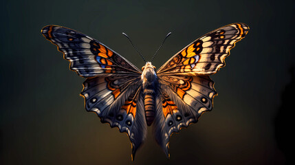 Beautiful butterfly with spread wings on a dark background.