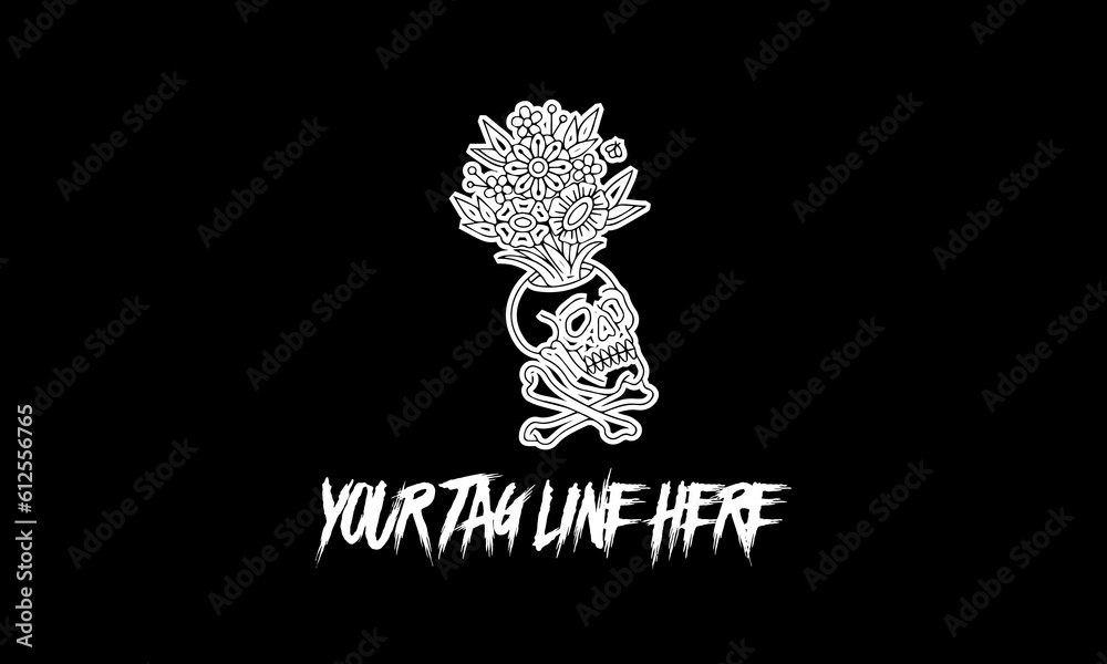 Sticker Vector illustration of a minimalistic logo sketch with a skull and flowers and text space