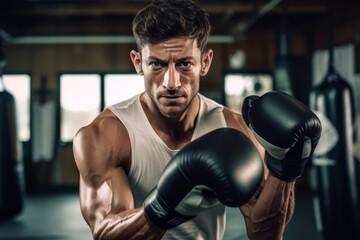 Fototapeta na wymiar Young strong sports man boxer make workout exercises in gym. Generative AI