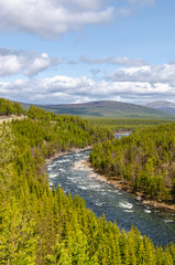 Beautiful view of Norwegian river full of fish in mountains on a clear sunny day. Super green scenery idyllic nature just like a postcard.