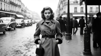 young woman walking in an European city in 1950. monochromatic vintage. Generative AI