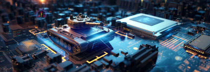 closeup on a military tank on a powerful computer board for AI taking control over war concept or race on manufacturing micro chips as wide banner design with copy space area - Generative AI - obrazy, fototapety, plakaty