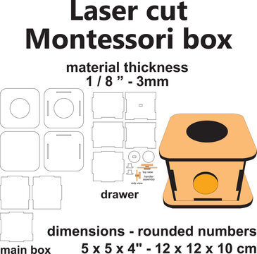 Montessori permanence box drawer laser cut box vector template
