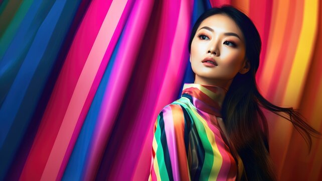 Fototapeta Young female model posing with trendy fashion outfit and colorful optical art abstract background. Picturesque generative AI