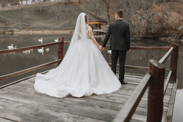 A stylish bride in a lush dress and fashionable hairstyle stands with the groom on a pier in a park near wooden houses. swans swim in the lake. They hold hands. photo from the back