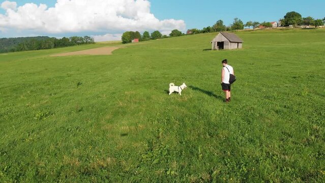 Bauernhof mit einer gr&uuml;nen Wiese auf einem Feld und einem Hundebesitzer mit seinem Hund einem wei&szlig;en Husky der sitz und platz macht f&uuml;r ein Leckerli Erziehung Gassi in 4k Drohne
