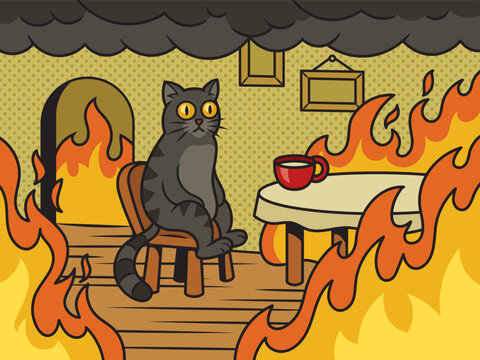 Naklejki Cat in fire meme This is fine pinup pop art retro vector illustration. Comic book style imitation.