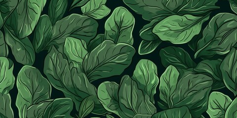 Fresh Organic Spinach Vegetable Cartoon Horizontal Background Illustration. Healthy Vegetarian Diet. Ai Generated Drawning Background Illustration with Delicious Juicy Spinach Vegetable. Generative AI
