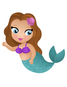 cartoon scene with happy young mermaid swimming isolated illustration for kids