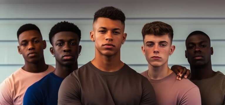 Portrait of a multiracial group of young men standing in a studio. Generative AI