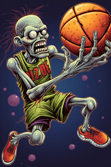 Zombie skeleton playing basketball