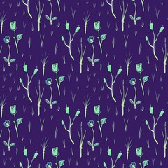 seamless pattern with green flowers and purple background