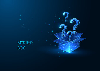 Mystery box, surprise, uncertainty futuristic concept with open box and question marks on blue