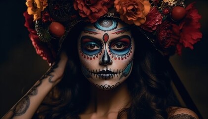 Dia de los muertos, Mexican holiday of the dead and halloween. Woman with sugar skull make up and flowers. Generative AI