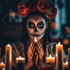 Dia de los muertos, Mexican holiday of the dead and halloween. Woman with skull make up and flowers. Candles lights. Generative AI	