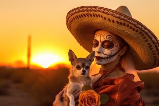 La llorona, La Santa Muerte. Mexican Skull adorned with flowers holding a chihuahua dog