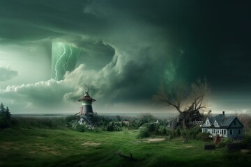 Naklejka na ściany i meble Tornado destroys Dorothy's home, Emerald City in distance. Generative AI