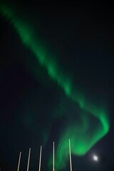 Low-angle vertical shot of the Northern lights on a starry night sky