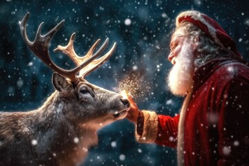 Images of Santa, reindeer, gift box and dog for Christmas designs. Generative AI.