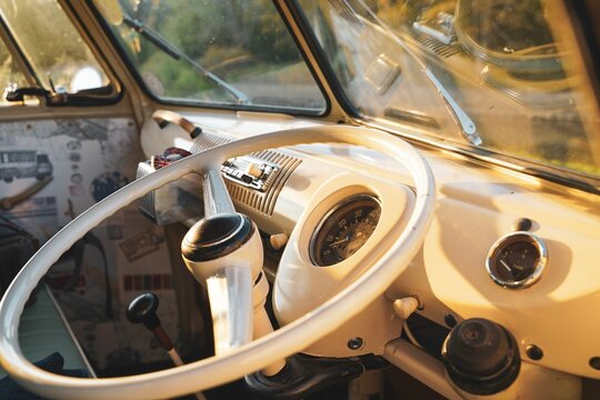 Closeup shot of a steering wheel of a modern car