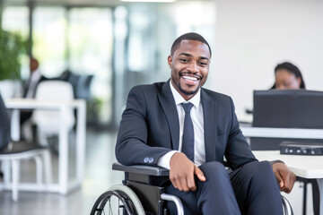 African american businessman in wheelchair working, disabled, office, happy, diversity, suit, corporate, generative ai