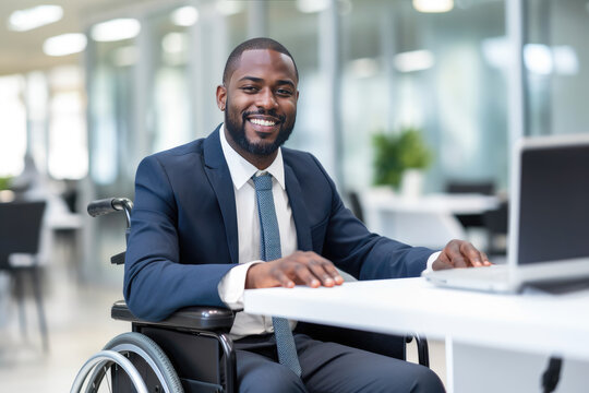african american businessman in wheelchair working, disabled, office, laptop, happy, diversity, suit, corporate, generative ai
