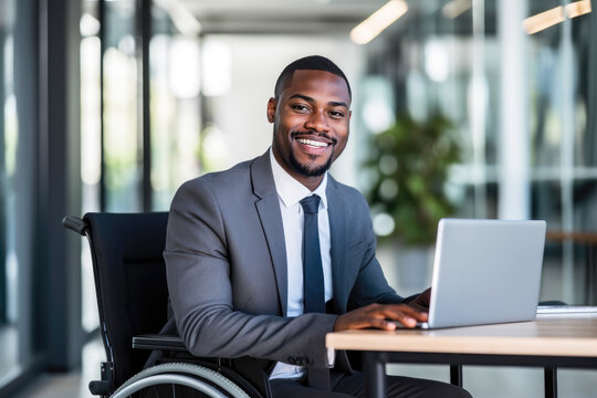 African American Businessman In Wheelchair Working, Disabled, Office, Laptop, Happy, Diversity, Suit, Corporate, Generative Ai