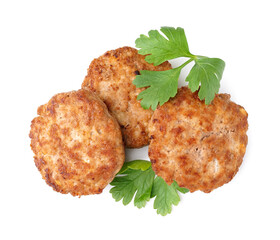 Tasty meat cutlets on white background