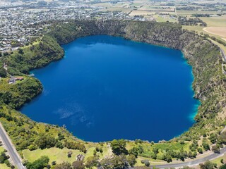 Aerial view of blue lake in Mount Gambier in South Australia