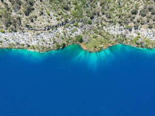 Aerial view of blue lake in Mount Gambier in South Australia
