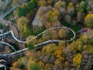 Drone view of the Nemesis inverted roller coaster being removed from the Alton Towers theme park